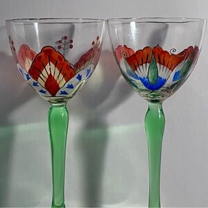 2 THERESIENTHAL Art Nouveau BOHEMIA WINE GLASSES / Rare HAND ENAMELED Circa 1910